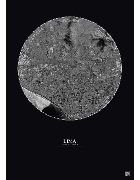 Affiche Lima – Poster vue satellite 10km N&B | Gravura – Fond foncé