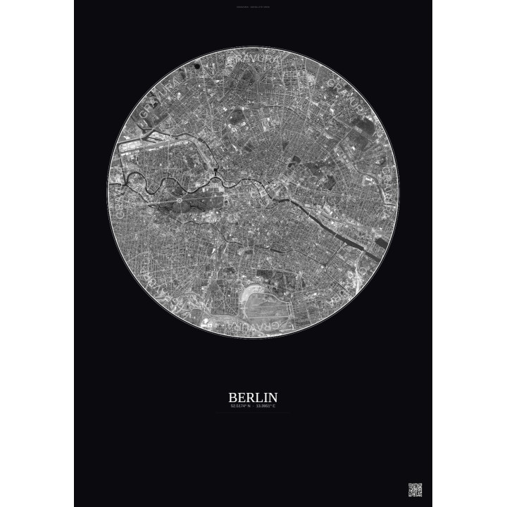 Affiche Berlin – Poster vue satellite 6km N&B | Gravura – Fond foncé