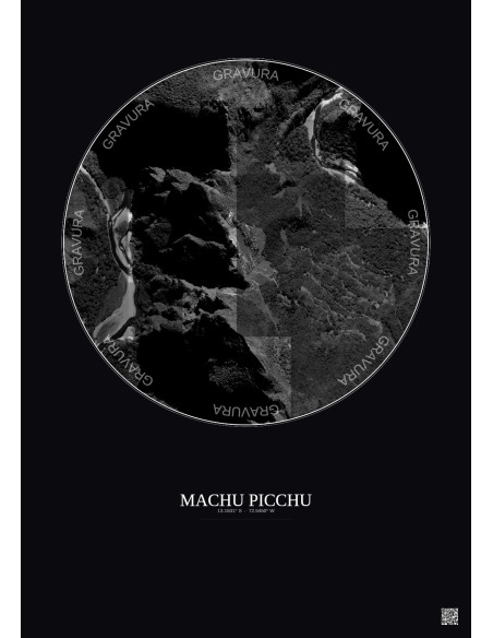 Affiche Machu Picchu – Poster vue satellite 1km N&B | Gravura – Fond foncé
