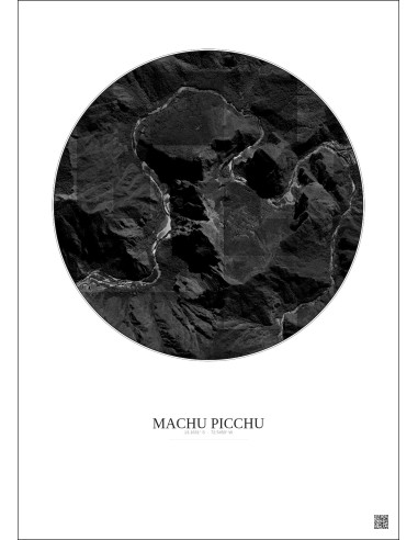 Affiche Machu Picchu – Poster vue satellite 2.5km N&B | Gravura – Fond clair