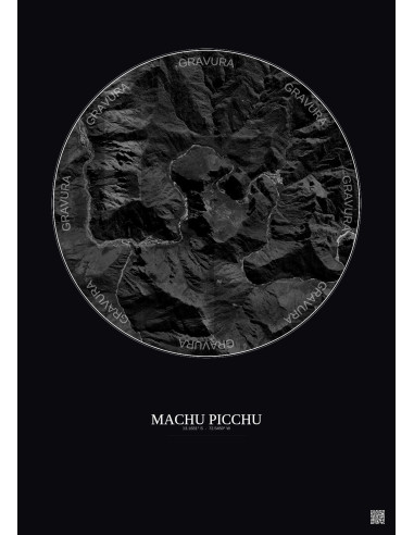 Affiche Machu Picchu – Poster vue satellite 5km N&B | Gravura – Fond foncé