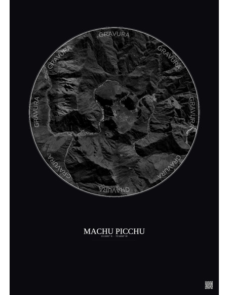 Affiche Machu Picchu – Poster vue satellite 5km N&B | Gravura – Fond foncé