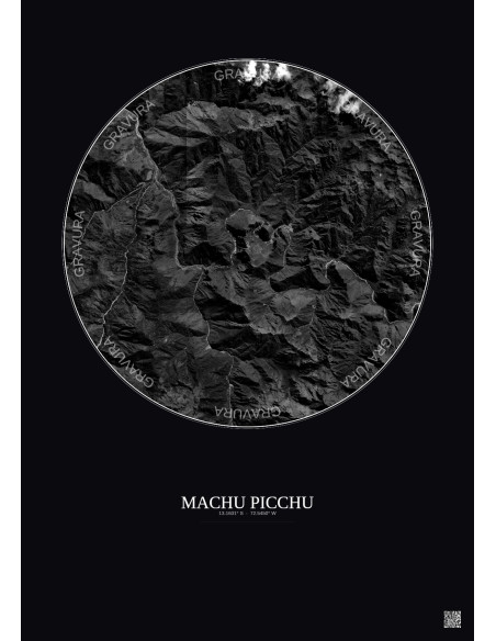 Affiche Machu Picchu – Poster vue satellite 10km N&B | Gravura – Fond foncé