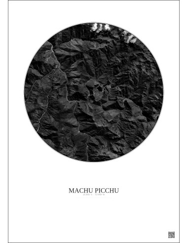 Affiche Machu Picchu – Poster vue satellite 10km N&B | Gravura – Fond clair