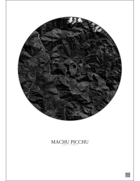 Affiche Machu Picchu – Poster vue satellite 10km N&B | Gravura – Fond clair