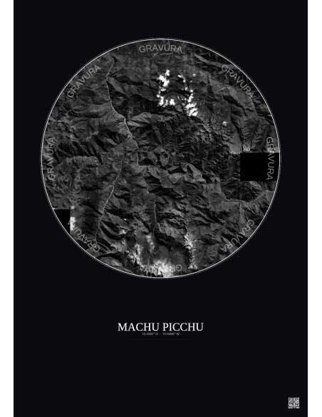 Affiche Machu Picchu – Poster vue satellite 20km N&B | Gravura – Fond foncé