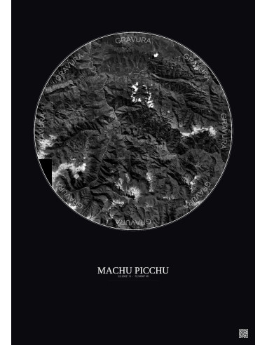 Affiche Machu Picchu – Poster vue satellite 30km N&B | Gravura – Fond foncé