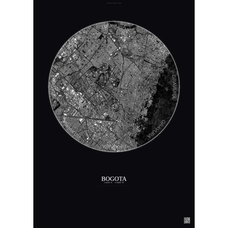 Affiche Bogota – Poster vue satellite 6km N&B | Gravura – Fond foncé