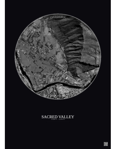Affiche Sacred Valley – Poster vue satellite 1km N&B | Gravura – Fond foncé