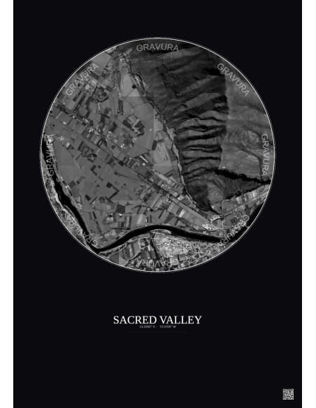 Affiche Sacred Valley – Poster vue satellite 1km N&B | Gravura – Fond foncé