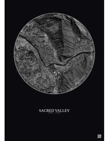 Affiche Sacred Valley – Poster vue satellite 2.5km N&B | Gravura – Fond foncé