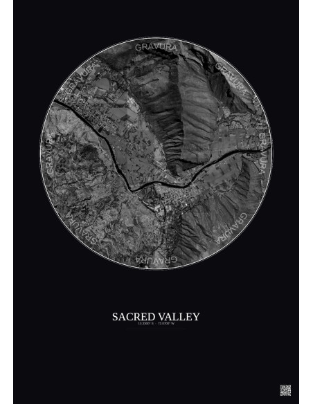 Affiche Sacred Valley – Poster vue satellite 2.5km N&B | Gravura – Fond foncé