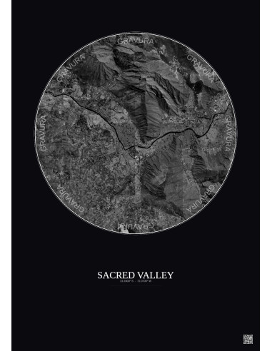 Sacred Valley Satellite View Poster 5km B&W | Gravura – Dark background