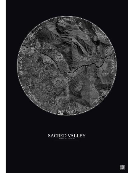Sacred Valley Satellite View Poster 5km B&W | Gravura – Dark background
