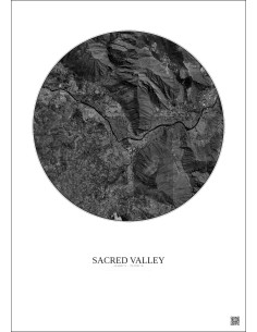 Affiche Sacred Valley – Poster vue satellite 5km N&B | Gravura – Fond clair