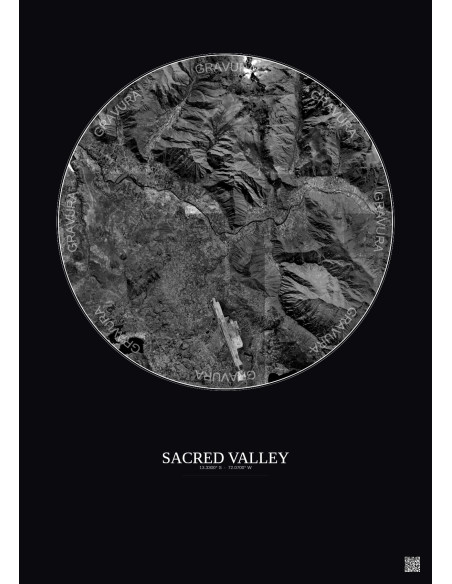 Affiche Sacred Valley – Poster vue satellite 10km N&B | Gravura – Fond foncé