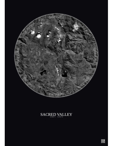 Affiche Sacred Valley – Poster vue satellite 20km N&B | Gravura – Fond foncé