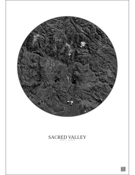 Affiche Sacred Valley – Poster vue satellite 30km N&B | Gravura – Fond clair