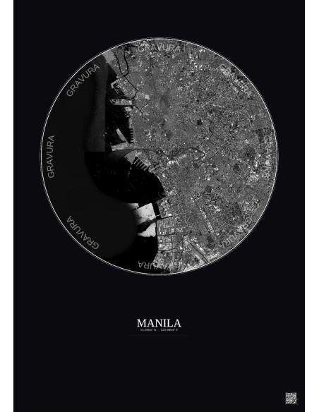 Affiche Manila – Poster vue satellite 10km N&B | Gravura – Fond foncé