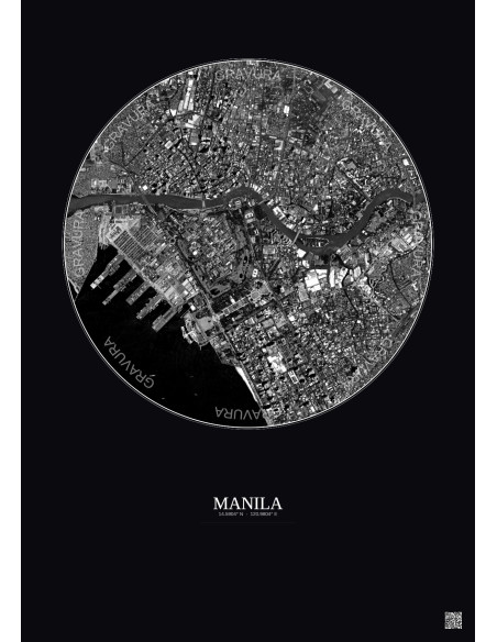 Affiche Manila – Poster vue satellite 2.5km N&B | Gravura – Fond foncé