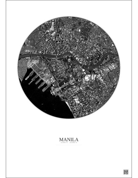 Affiche Manila – Poster vue satellite 2.5km N&B | Gravura – Fond clair