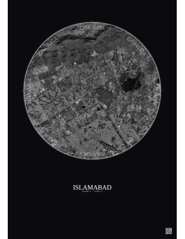 Affiche Islamabad – Poster vue satellite 10km N&B | Gravura – Fond foncé
