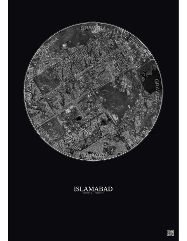 Affiche Islamabad – Poster vue satellite 6km N&B | Gravura – Fond foncé