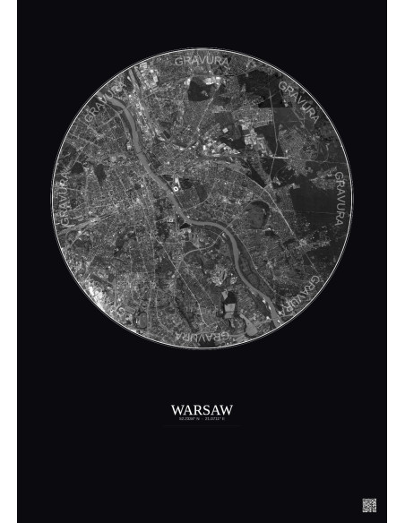 Affiche Warsaw – Poster vue satellite 10km N&B | Gravura – Fond foncé