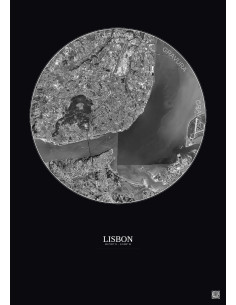Lisbon Satellite View Poster 10km B&W | Gravura – Dark background