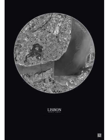 Affiche Lisbon – Poster vue satellite 10km N&B | Gravura – Fond foncé