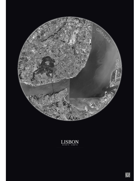 Affiche Lisbon – Poster vue satellite 10km N&B | Gravura – Fond foncé