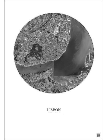 Affiche Lisbon – Poster vue satellite 10km N&B | Gravura – Fond clair