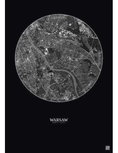 Affiche Warsaw – Poster vue satellite 6km N&B | Gravura – Fond foncé
