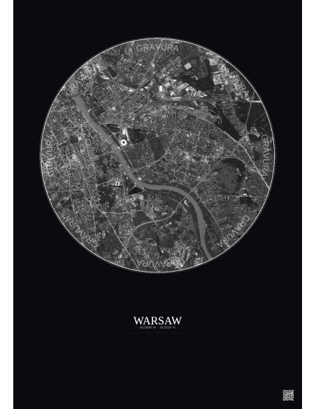 Affiche Warsaw – Poster vue satellite 6km N&B | Gravura – Fond foncé