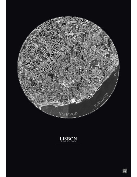 Lisbon Satellite View Poster 2.5km B&W | Gravura – Dark background