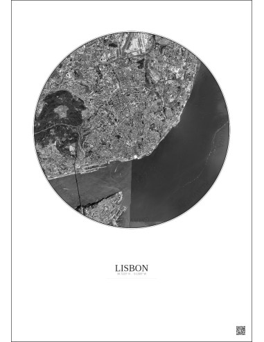 Lisbon Satellite View Poster 6km B&W | Gravura – Light background