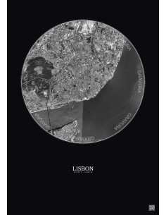 Lisbon Satellite View Poster 6km B&W | Gravura – Dark background