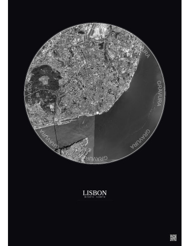 Affiche Lisbon – Poster vue satellite 6km N&B | Gravura – Fond foncé