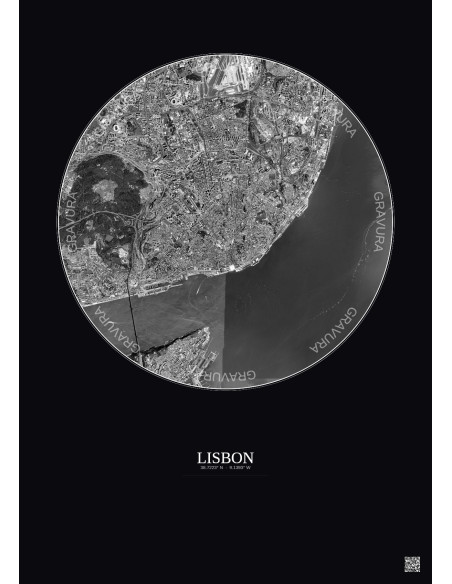 Affiche Lisbon – Poster vue satellite 6km N&B | Gravura – Fond foncé