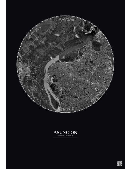 Affiche Asuncion – Poster vue satellite 10km N&B | Gravura – Fond foncé