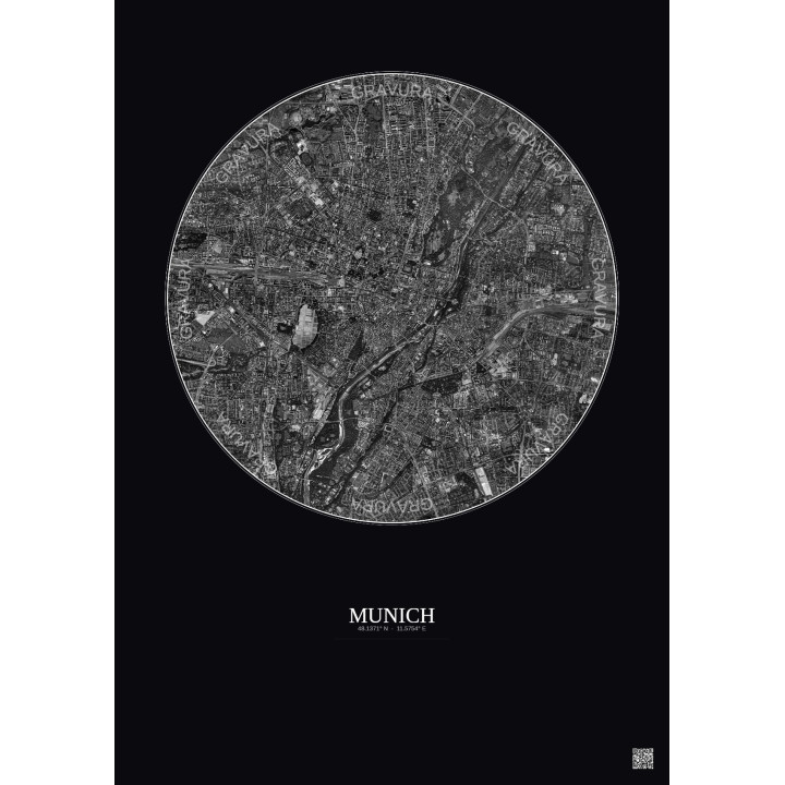 Affiche Munich – Poster vue satellite 5km N&B | Gravura – Fond foncé