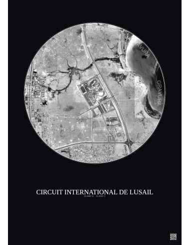 Circuit International De Lusail Satellite View Poster 5km B&W | Gravura – Dark background