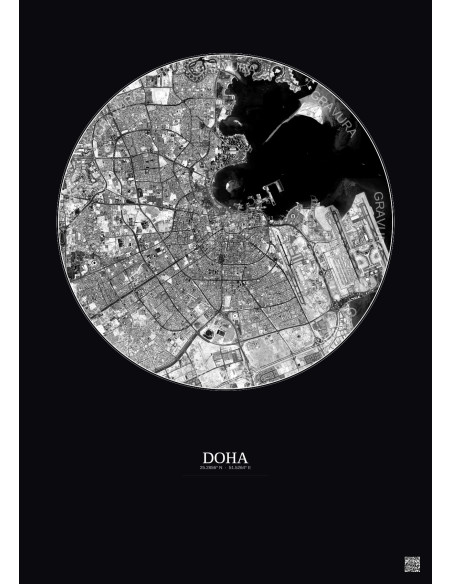 Doha Satellite View Poster 10km B&W | Gravura – Dark background
