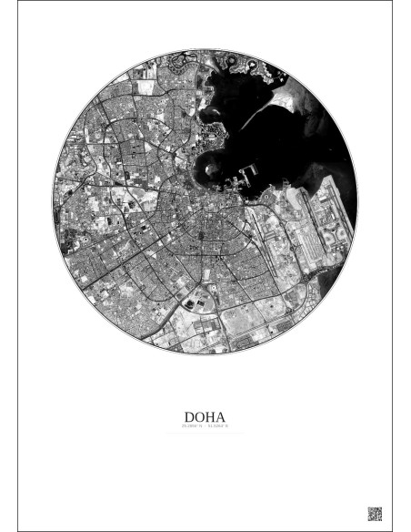 Affiche Doha – Poster vue satellite 10km N&B | Gravura – Fond clair