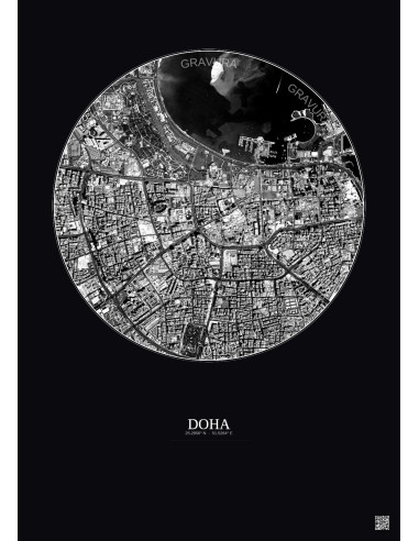 Affiche Doha – Poster vue satellite 2.5km N&B | Gravura – Fond foncé