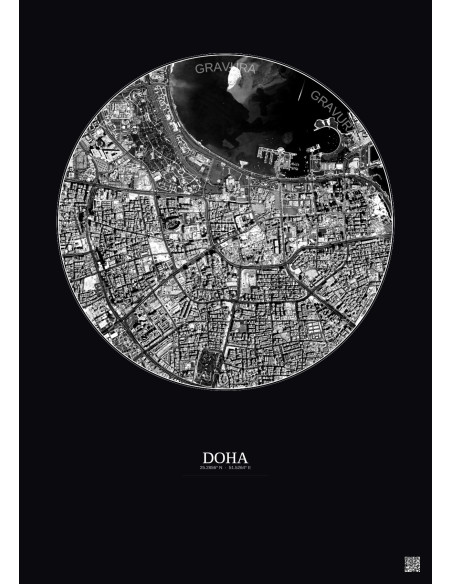 Affiche Doha – Poster vue satellite 2.5km N&B | Gravura – Fond foncé