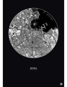 Doha Satellite View Poster 6km B&W | Gravura – Dark background
