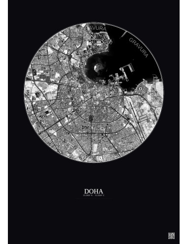 Doha Satellite View Poster 6km B&W | Gravura – Dark background