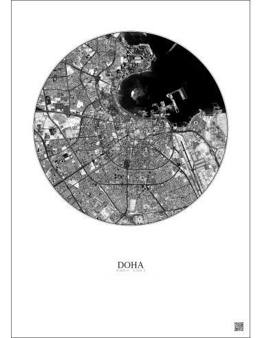 Doha Satellite View Poster 6km B&W | Gravura – Light background