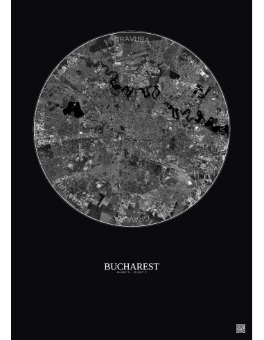 Bucharest Satellite View Poster 10km B&W | Gravura – Dark background